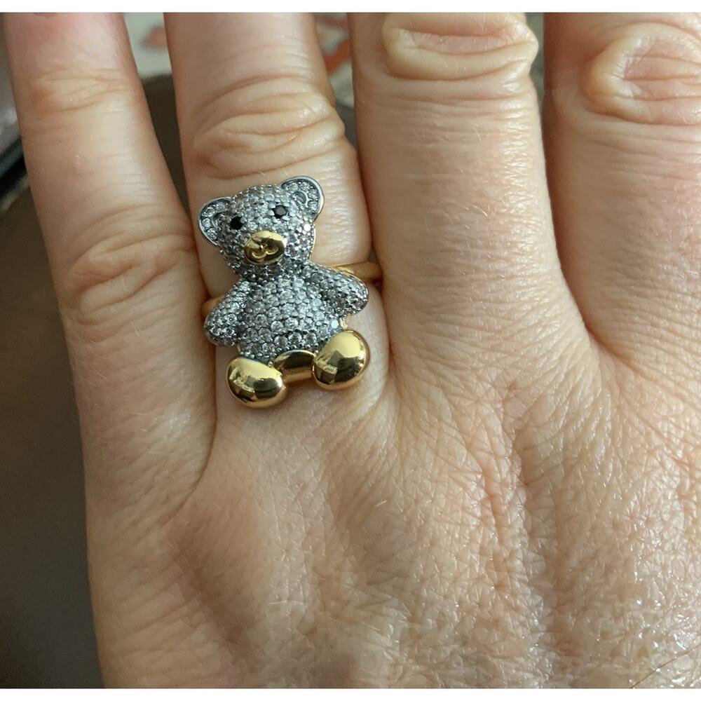 Teddy Bear Gold Ring Sz 6 Silver Pave Boho Retro Whimsical Statement - Picture 4 of 9